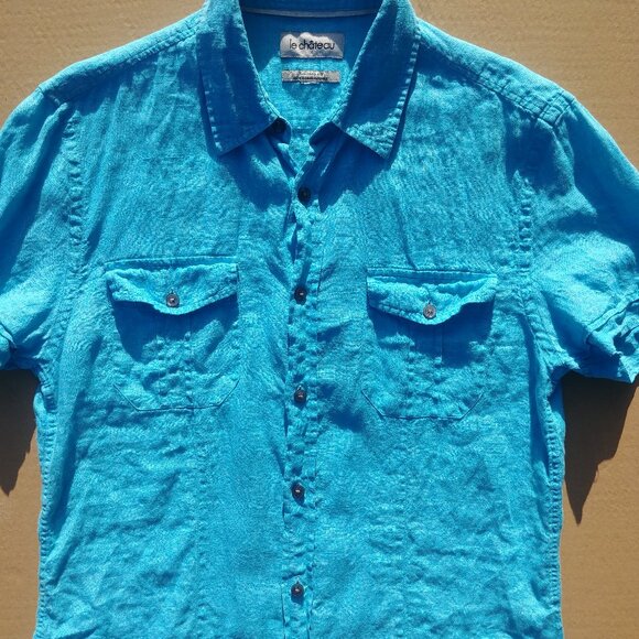100% linen bright blue Mens linen shirt tailored fit approx Small - Picture 2 of 9